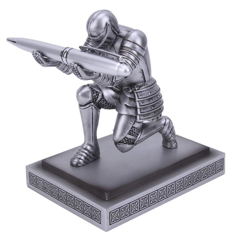 Amoysanli Knight Pen Holder Desk Organizers and Accessories Desk Decor Resin Pen Holder as Gift with a Cool Pen for Office and Home (Silver) - Image 1